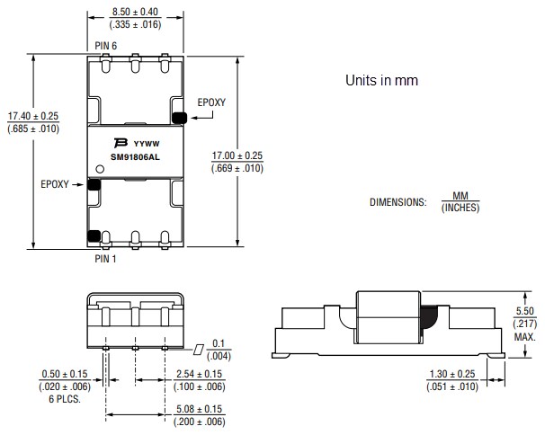 Mechanical Drawing - Bourns SM91806AL BMS Signal Transformer